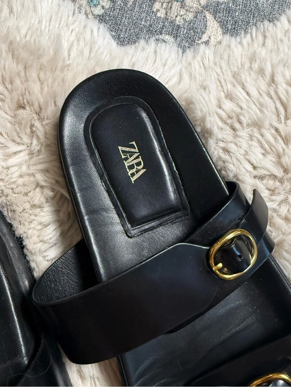 Zara Black Slide Sandals with Gold Buckles - Women's 39 - Picture 4 of 11